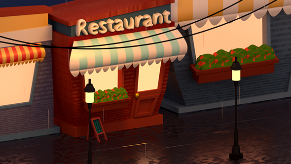 Toon Background Rainy Street And Restaurant  by 